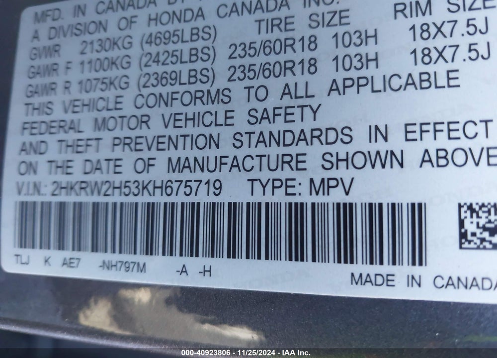 2019 HONDA CR-V EX VIN: 2HKRW2H53KH675719