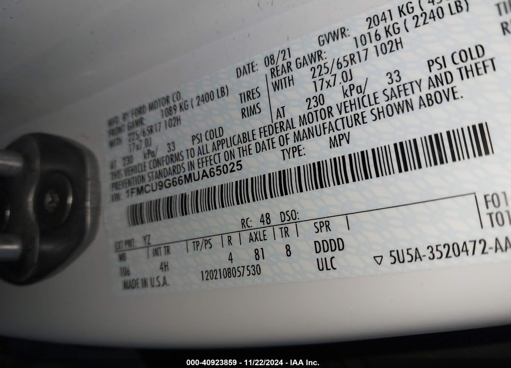 2021 FORD ESCAPE SE VIN: 1FMCU9G66MUA65025