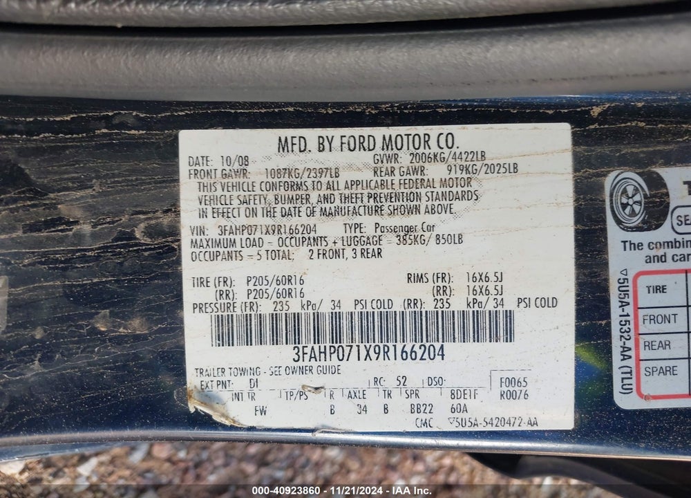 2009 FORD FUSION SE VIN: 3FAHP071X9R166204
