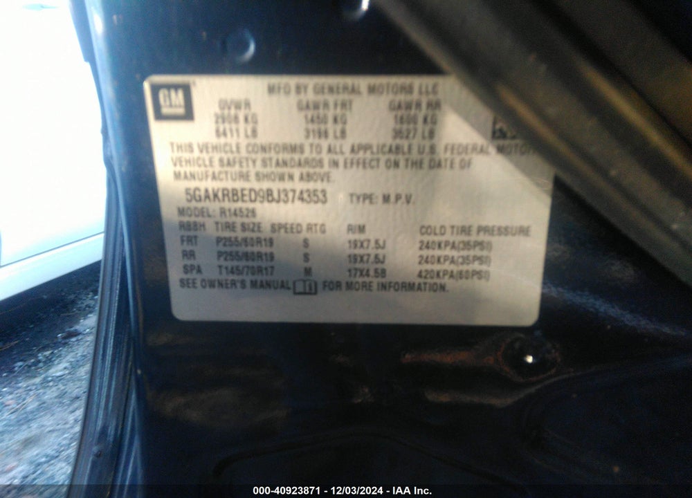 2011 BUICK ENCLAVE 1XL VIN: 5GAKRBED9BJ374353