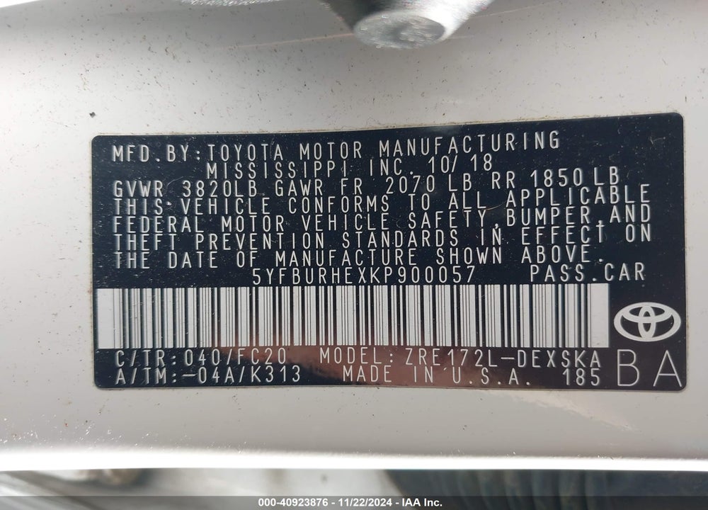 2019 TOYOTA COROLLA SE VIN: 5YFBURHEXKP900057