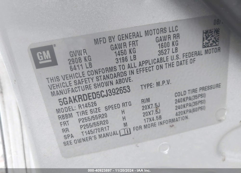 2012 BUICK ENCLAVE PREMIUM VIN: 5GAKRDED5CJ392653