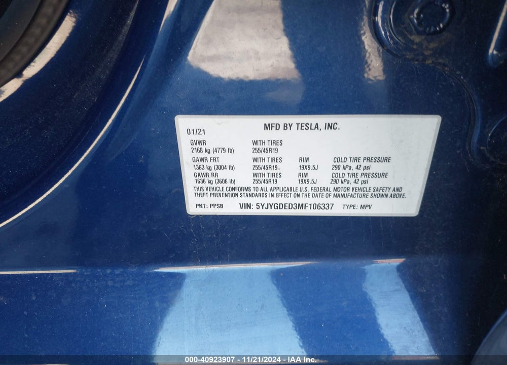 2021 TESLA MODEL Y STANDARD RANGE REAR-WHEEL DRIVE VIN: 5YJYGDED3MF106337