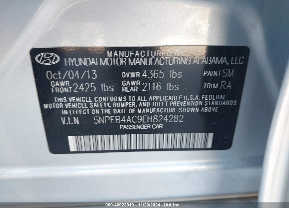 2014 HYUNDAI SONATA GLS VIN: 5NPEB4AC9EH824282