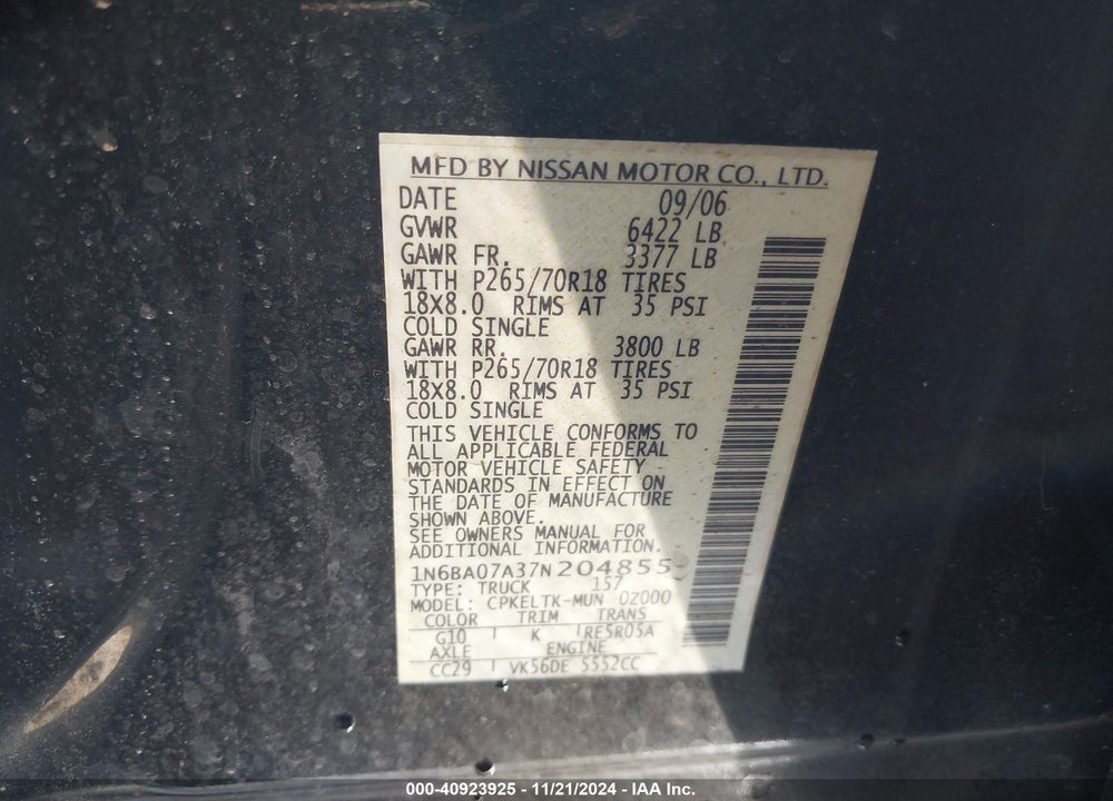 2007 NISSAN TITAN VIN: 1N6BA07A37N204855