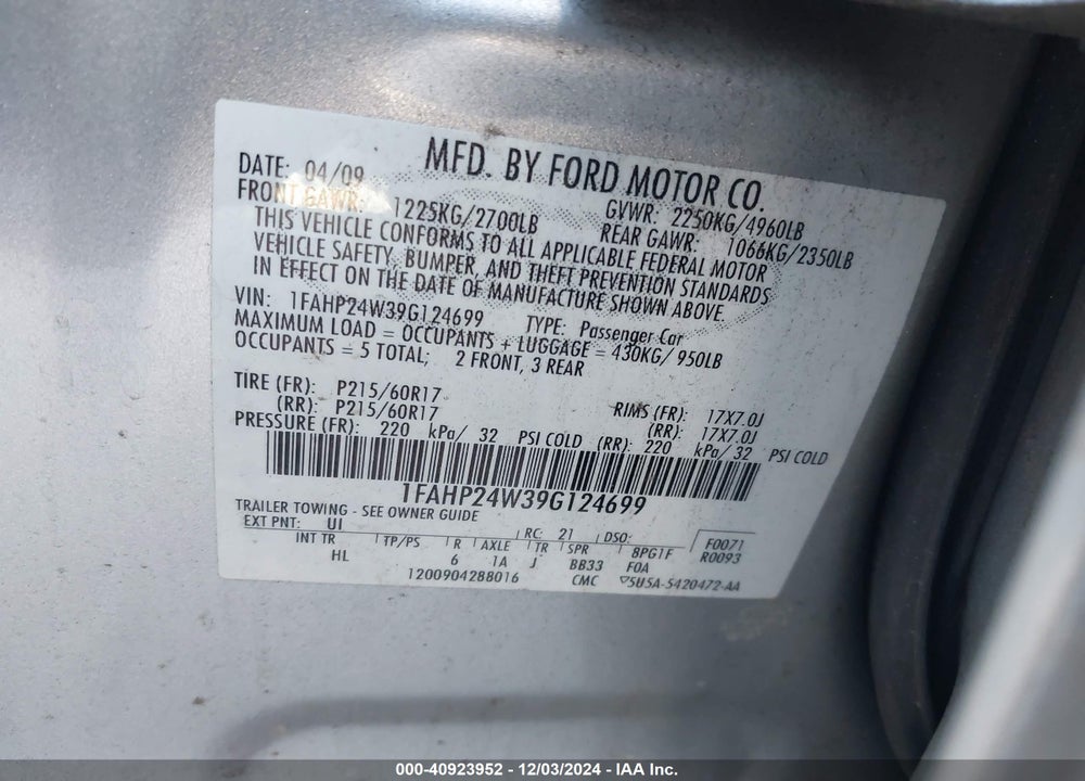 2009 FORD TAURUS SEL VIN: 1FAHP24W39G124699