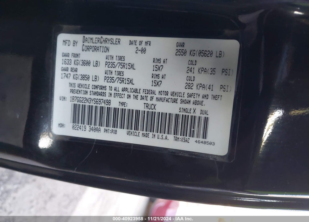 2000 DODGE DAKOTA SLT/SPORT VIN: 1B7GG22N3YS697498