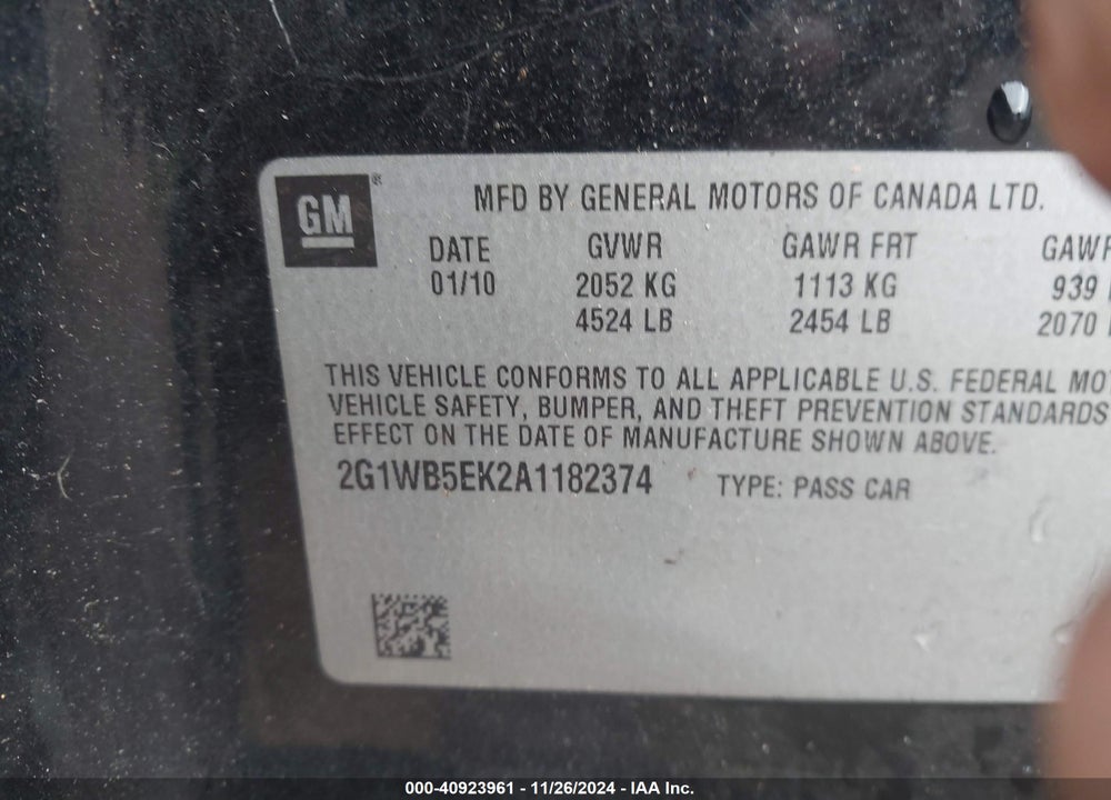 2010 CHEVROLET IMPALA LT VIN: 2G1WB5EK2A1182374