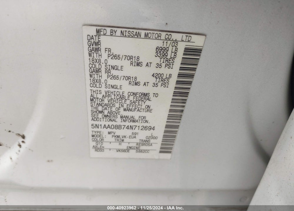 2004 NISSAN PATHFINDER ARMADA LE VIN: 5N1AA08B74N712694