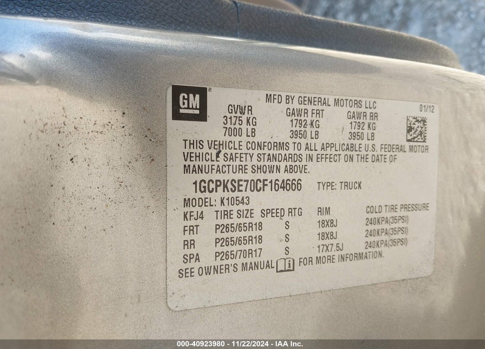2012 CHEVROLET SILVERADO 1500 LT VIN: 1GCPKSE70CF164666