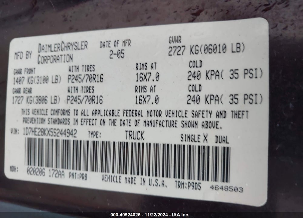 2005 DODGE DAKOTA ST VIN: 1D7HE28KX5S244942