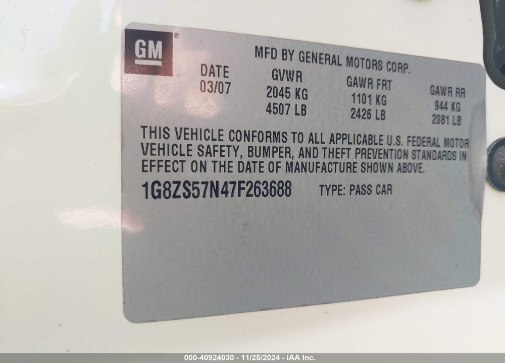 2007 SATURN AURA XE VIN: 1G8ZS57N47F263688