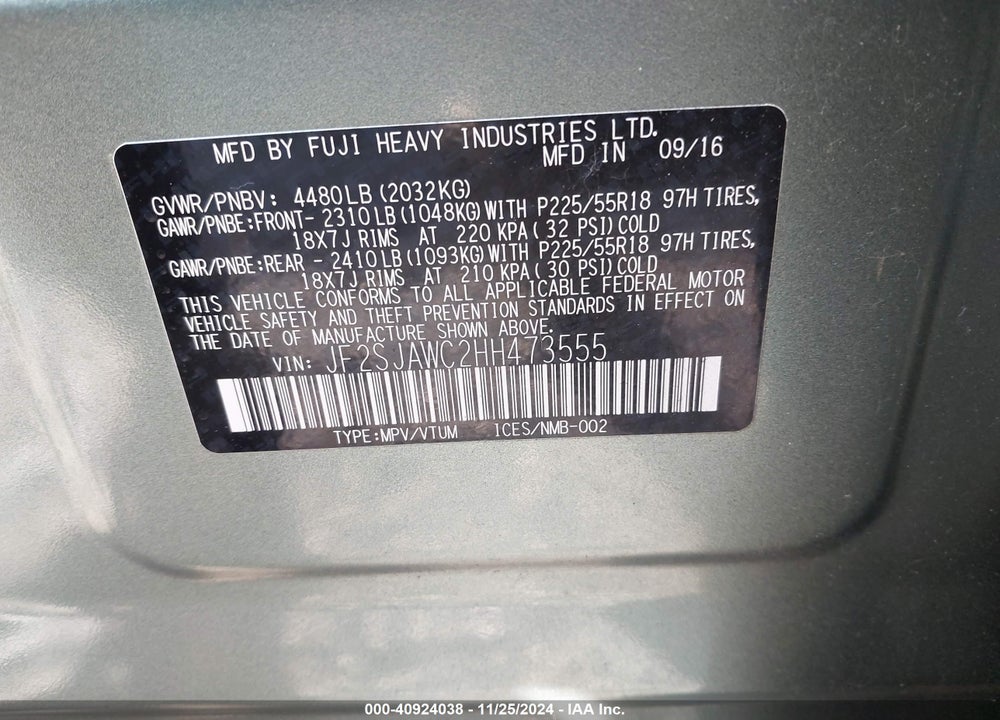 2017 SUBARU FORESTER 2.5I TOURING VIN: JF2SJAWC2HH473555