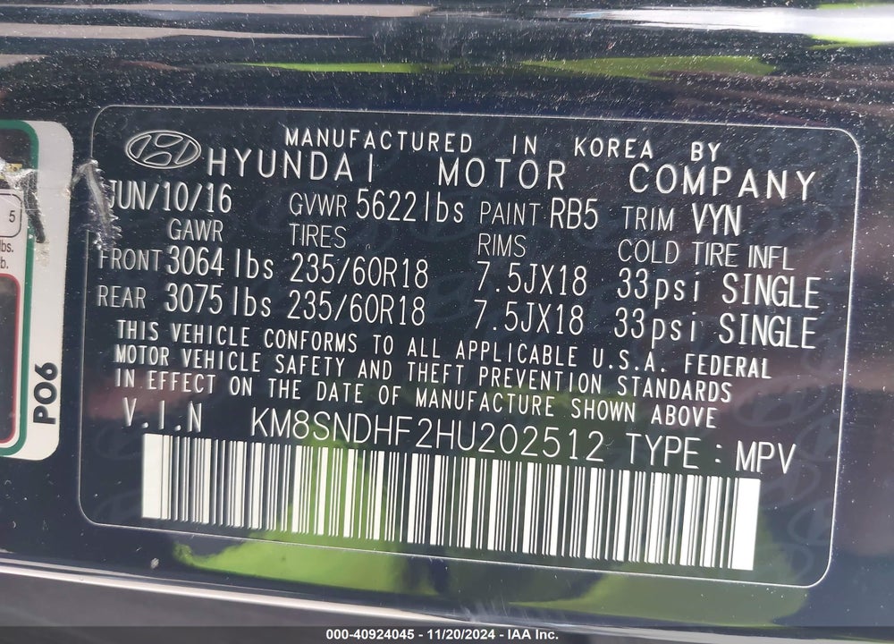 2017 HYUNDAI SANTA FE SE VIN: KM8SNDHF2HU202512