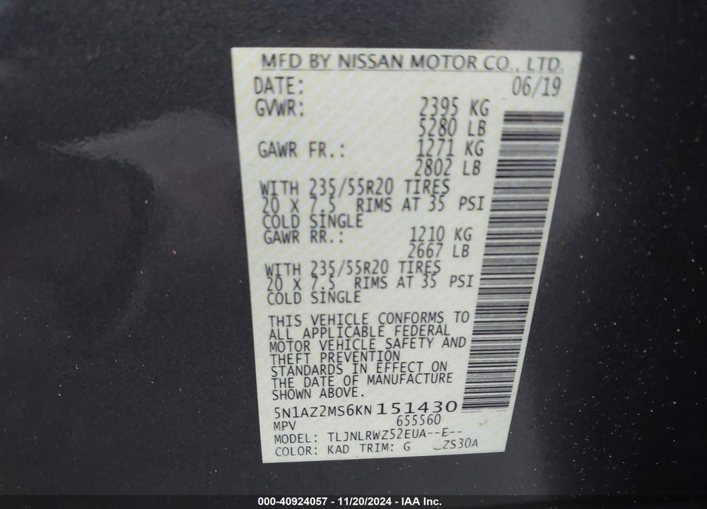 2019 NISSAN MURANO SL VIN: 5N1AZ2MS6KN151430