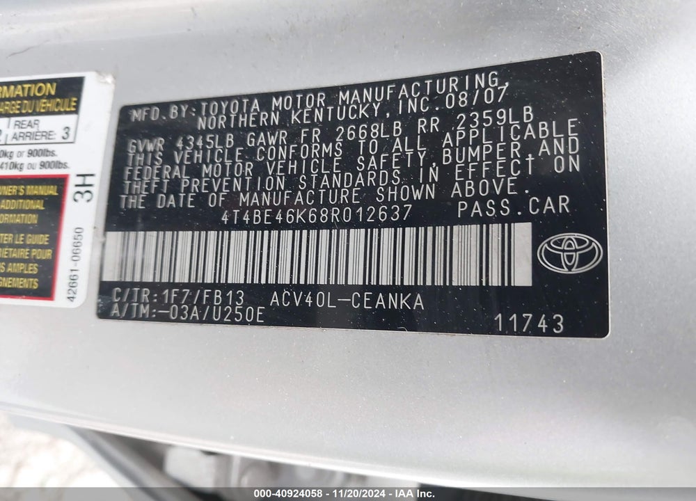 2008 TOYOTA CAMRY VIN: 4T4BE46K68R012637