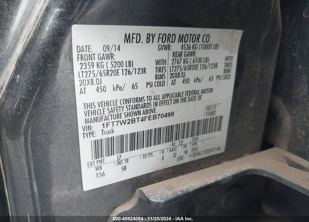 2015 FORD F-250 LARIAT VIN: 1FT7W2BT4FEB70499