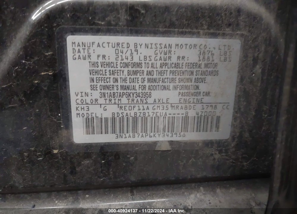 2019 NISSAN SENTRA S VIN: 3N1AB7AP6KY343958