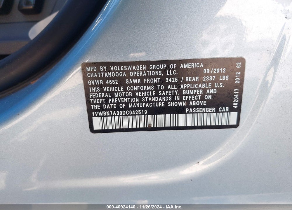 2013 VOLKSWAGEN PASSAT 2.0L TDI SE VIN: 1VWBN7A30DC042519