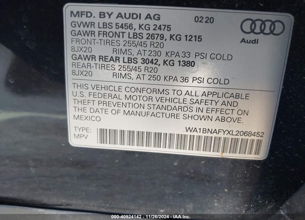 2020 AUDI Q5 PREMIUM PLUS 45 TFSI QUATTRO S TRONIC VIN: WA1BNAFYXL2068452