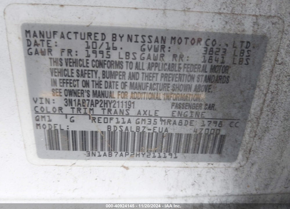 2017 NISSAN SENTRA S VIN: 3N1AB7AP2HY211191