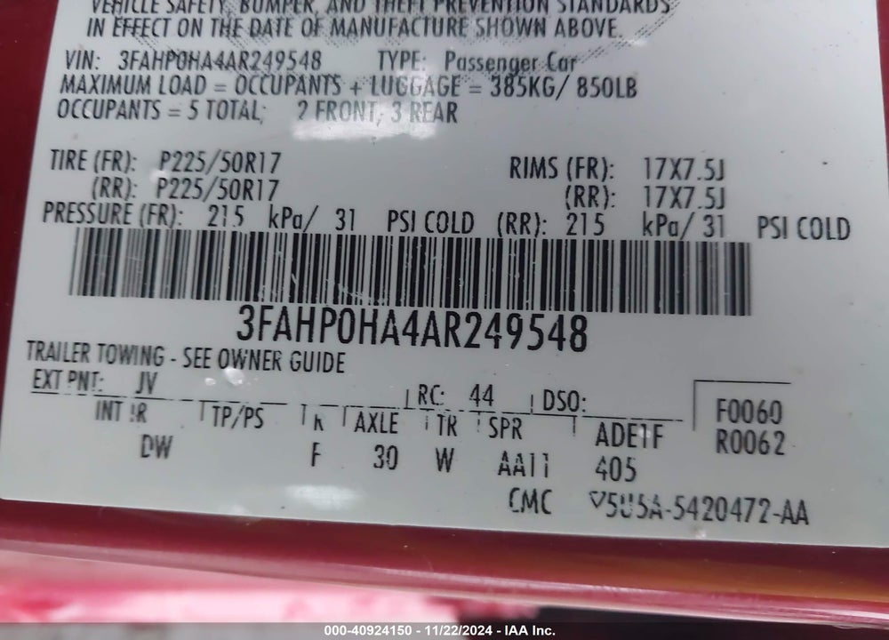 2010 FORD FUSION SE VIN: 3FAHP0HA4AR249548