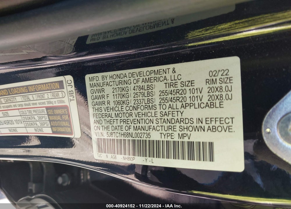 2022 ACURA RDX A-SPEC PACKAGE VIN: 5J8TC1H68NL002735