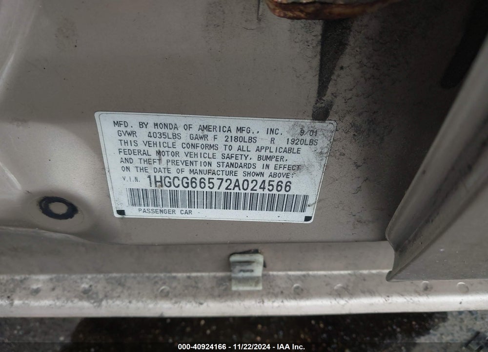 2002 HONDA ACCORD 2.3 LX VIN: 1HGCG66572A024566