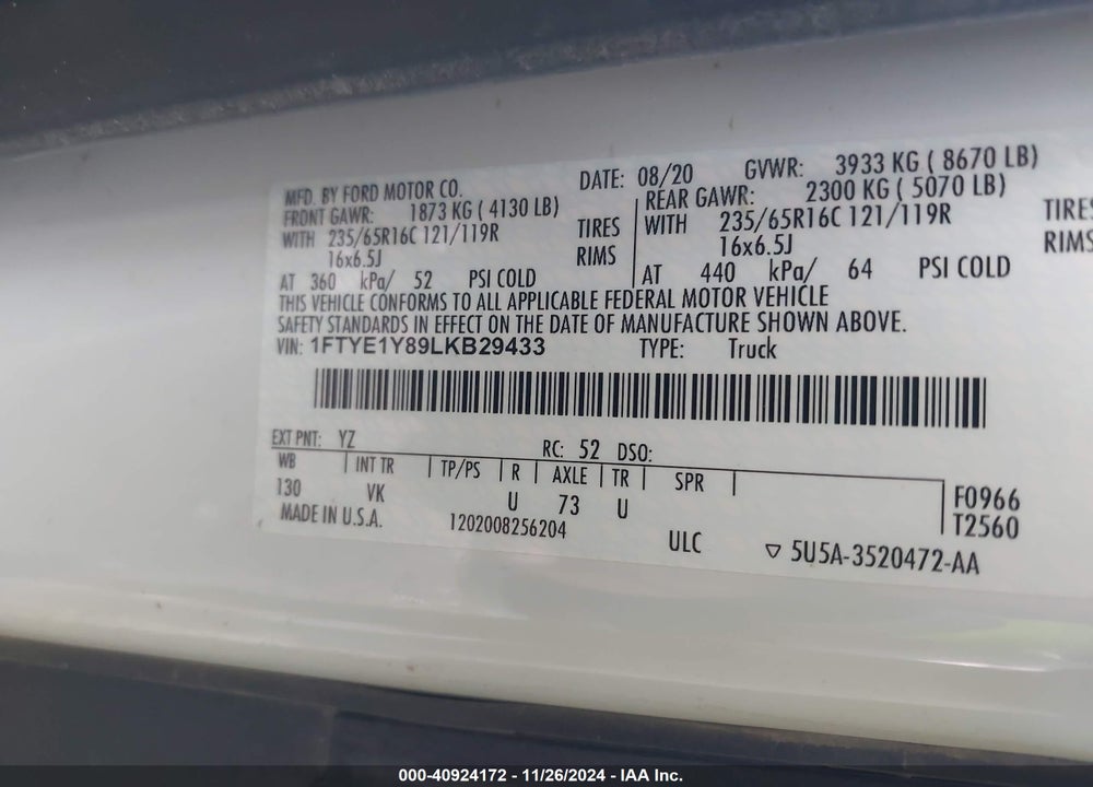 2020 FORD TRANSIT-150 CARGO VAN VIN: 1FTYE1Y89LKB29433