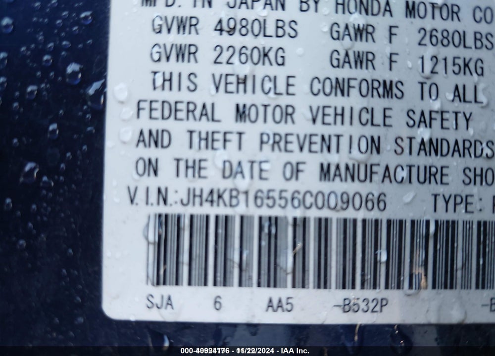 2006 ACURA RL 3.5 VIN: JH4KB16556C009066