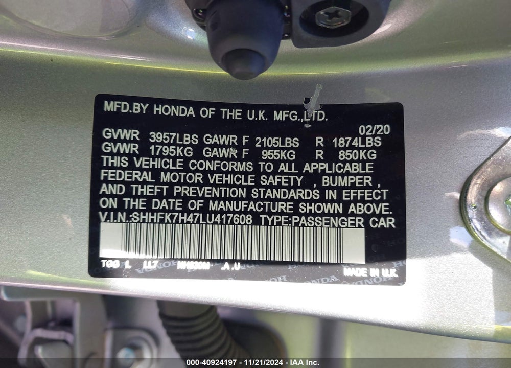 2020 HONDA CIVIC SPORT VIN: SHHFK7H47LU417608