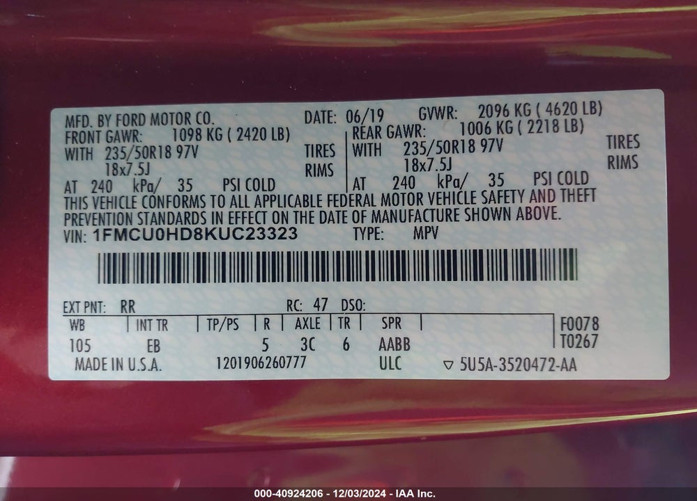 2019 FORD ESCAPE SEL VIN: 1FMCU0HD8KUC23323