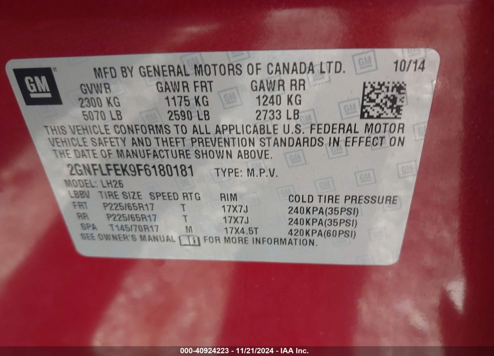 2015 CHEVROLET EQUINOX 1LT VIN: 2GNFLFEK9F6180181
