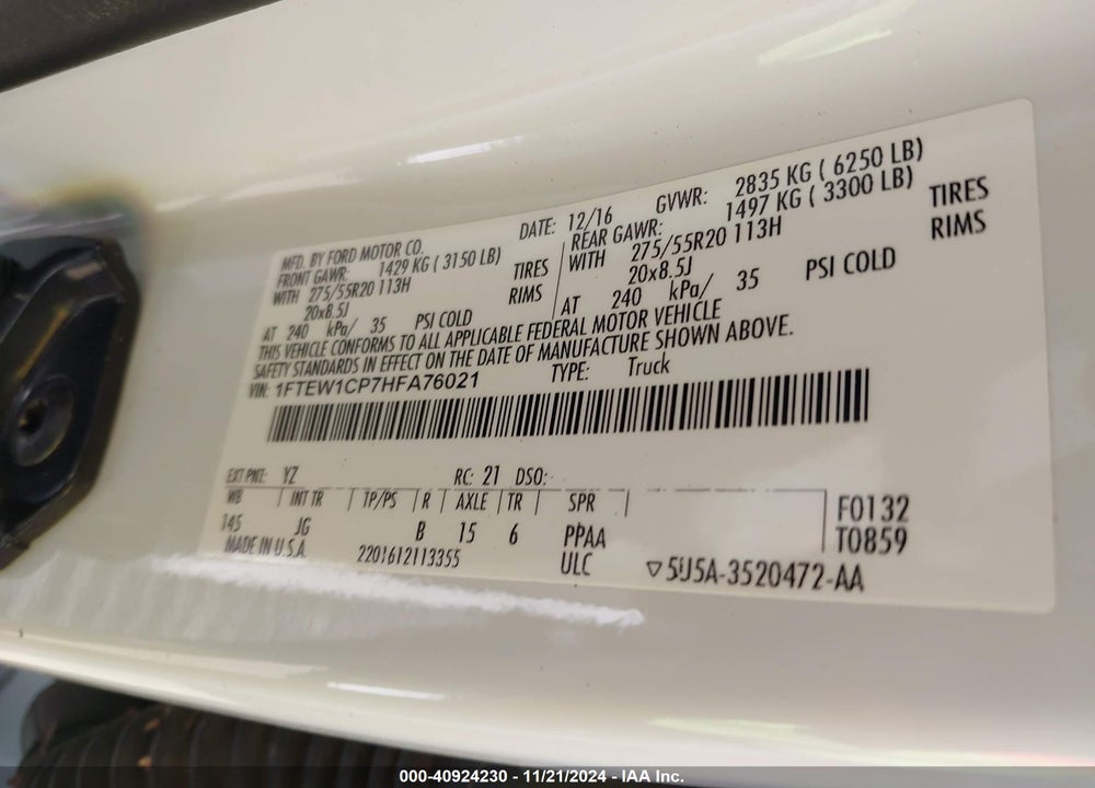2017 FORD F-150 XL VIN: 1FTEW1CP7HFA76021