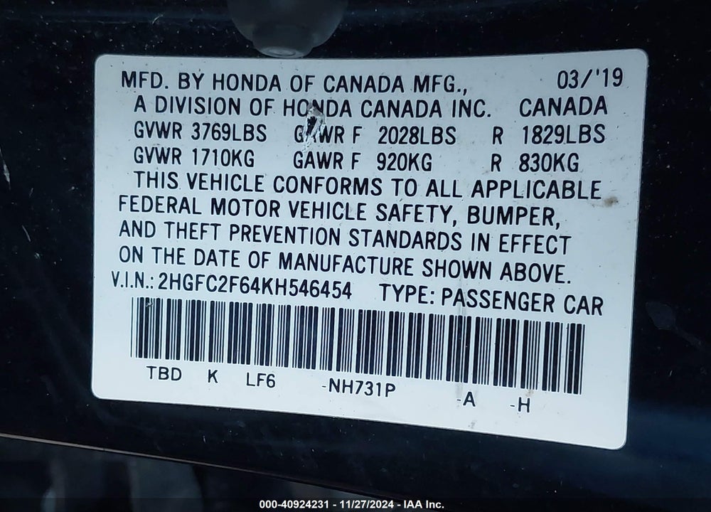 2019 HONDA CIVIC LX VIN: 2HGFC2F64KH546454