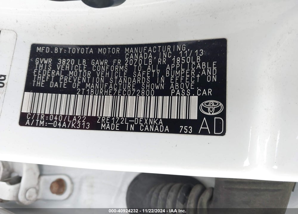 2014 TOYOTA COROLLA L/LE/LE PLS/PRM/S/S PLS VIN: 2T1BURHE7EC072800