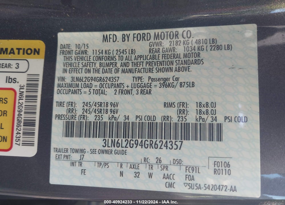 2016 LINCOLN MKZ VIN: 3LN6L2G94GR624357