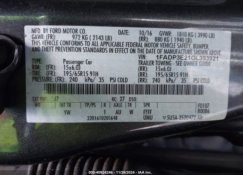 2016 FORD FOCUS S VIN: 1FADP3E21GL393921