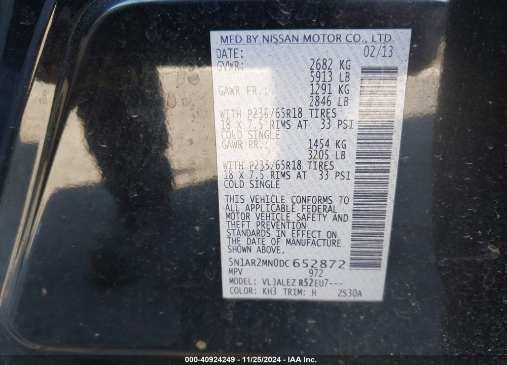 2013 NISSAN PATHFINDER SV VIN: 5N1AR2MN0DC652872