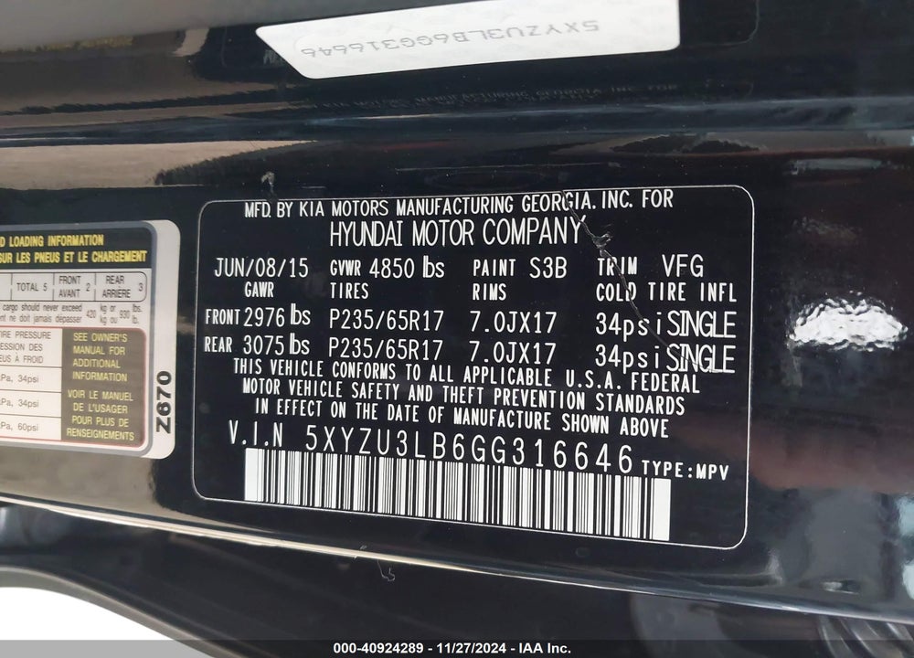 2016 HYUNDAI SANTA FE SPORT 2.4L VIN: 5XYZU3LB6GG316646