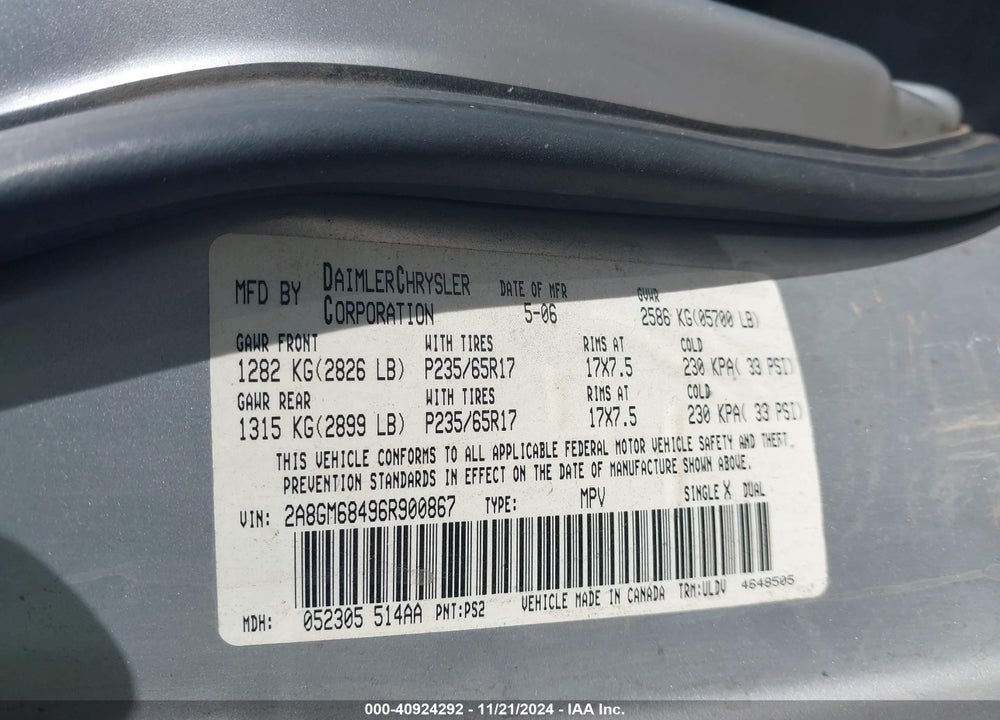 2006 CHRYSLER PACIFICA TOURING VIN: 2A8GM68496R900867