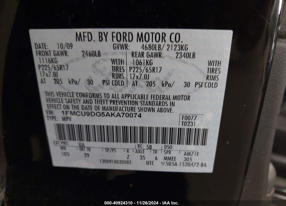 2010 FORD ESCAPE XLT VIN: 1FMCU9DG5AKA70074