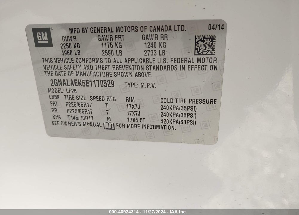 2014 CHEVROLET EQUINOX LS VIN: 2GNALAEK5E1170529