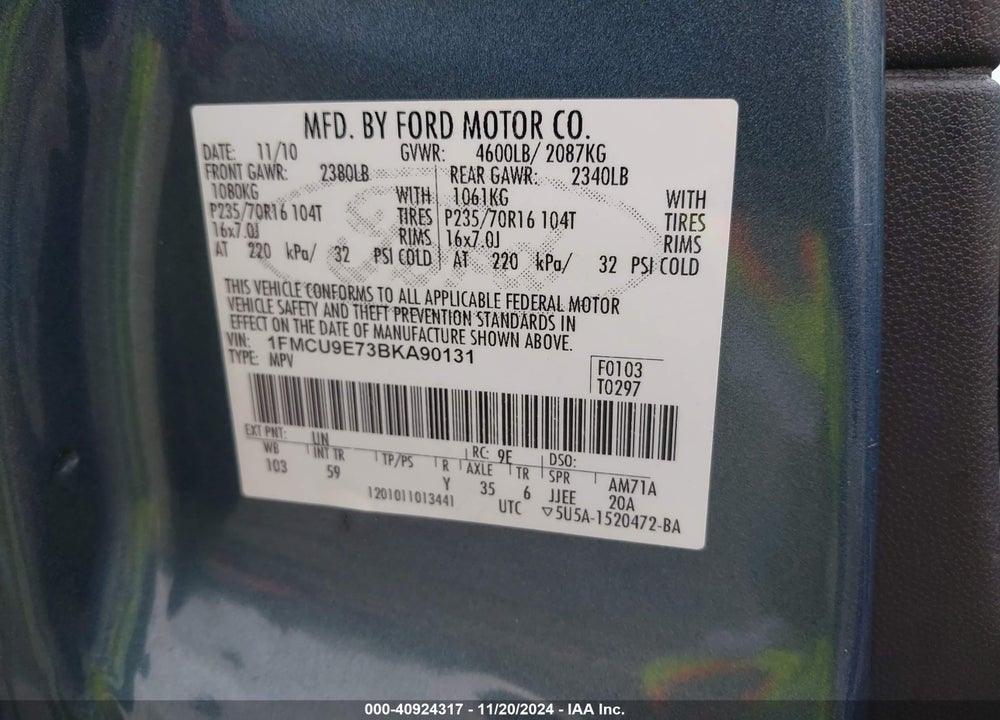 2011 FORD ESCAPE LIMITED VIN: 1FMCU9E73BKA90131