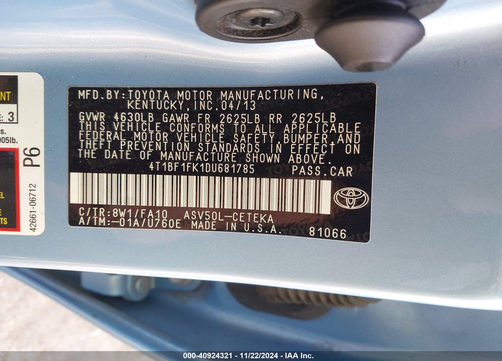 2013 TOYOTA CAMRY L VIN: 4T1BF1FK1DU681785