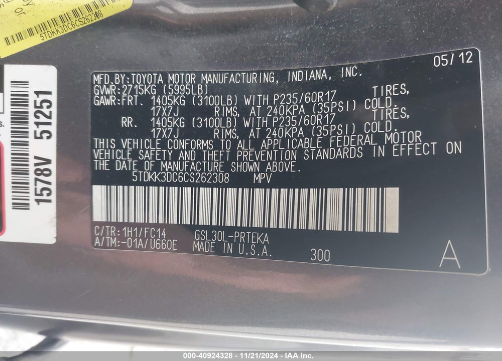 2012 TOYOTA SIENNA LE V6 8 PASSENGER VIN: 5TDKK3DC6CS262308