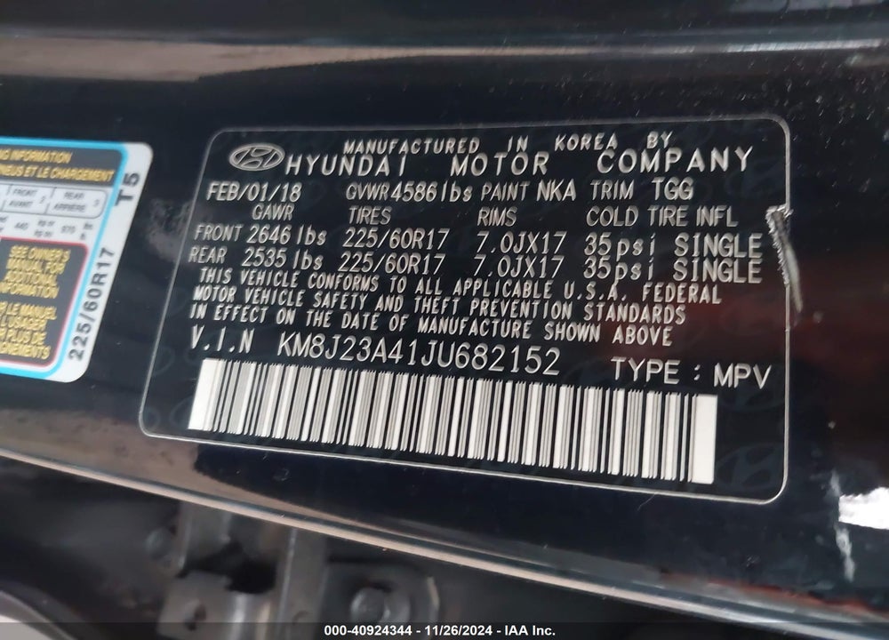 2018 HYUNDAI TUCSON SE VIN: KM8J23A41JU682152
