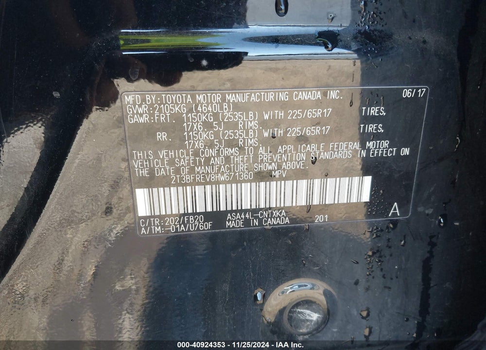 2017 TOYOTA RAV4 LE VIN: 2T3BFREV8HW671360