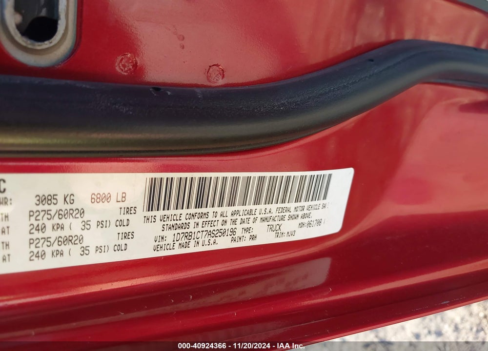 2010 DODGE RAM 1500 SLT/SPORT/TRX VIN: 1D7RB1CT7AS250196