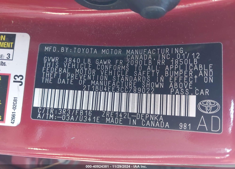 2012 TOYOTA COROLLA LE VIN: 2T1BU4EE3CC789022